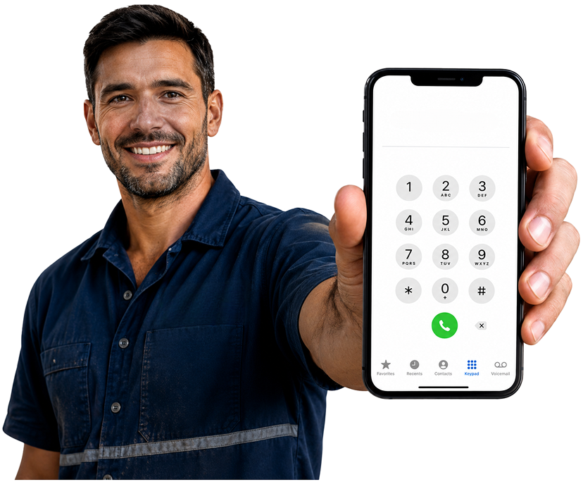 Blacktown Blocked Drains plumber holding a phone — call 1300 261 965