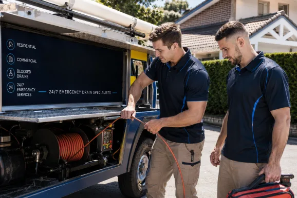 Two plumbers working on a blocked drain in Blacktown