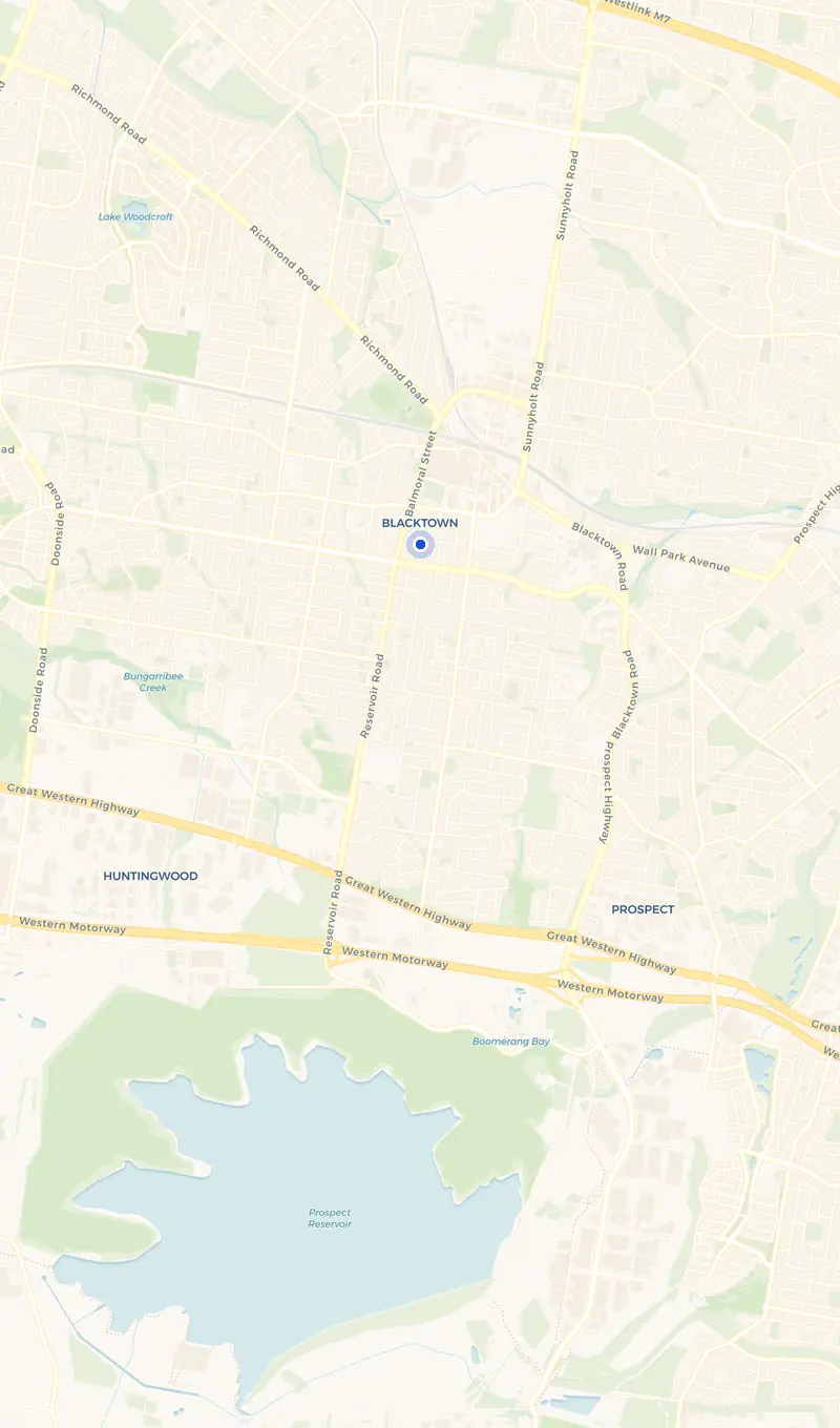 Map of the Blacktown service area and the surrounding suburbs we cover.