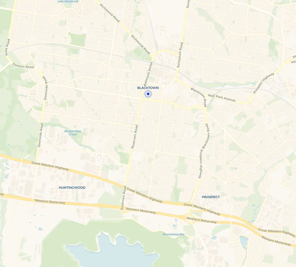 Map of the Blacktown service area and the surrounding Western Sydney, showing Blacktown and the nearby streets we cover.