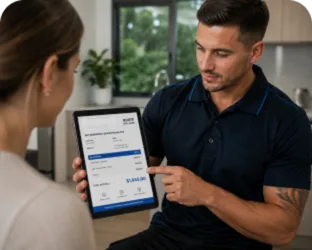 Plumber showing a Blacktown customer the quote on a tablet