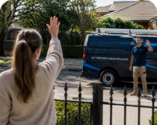 Customer waving goodbye to a Blacktown Blocked Drains plumber